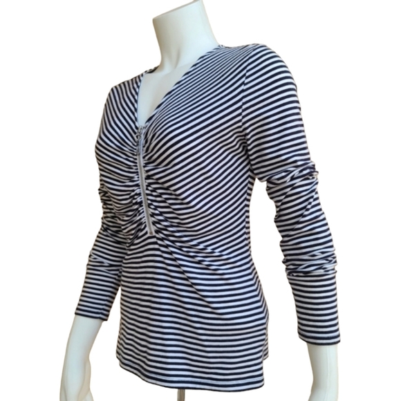 MICHAEL KORS Striped Long Sleeve Knit Top S Small Shirt Ruched Zipper Front - Picture 10 of 13